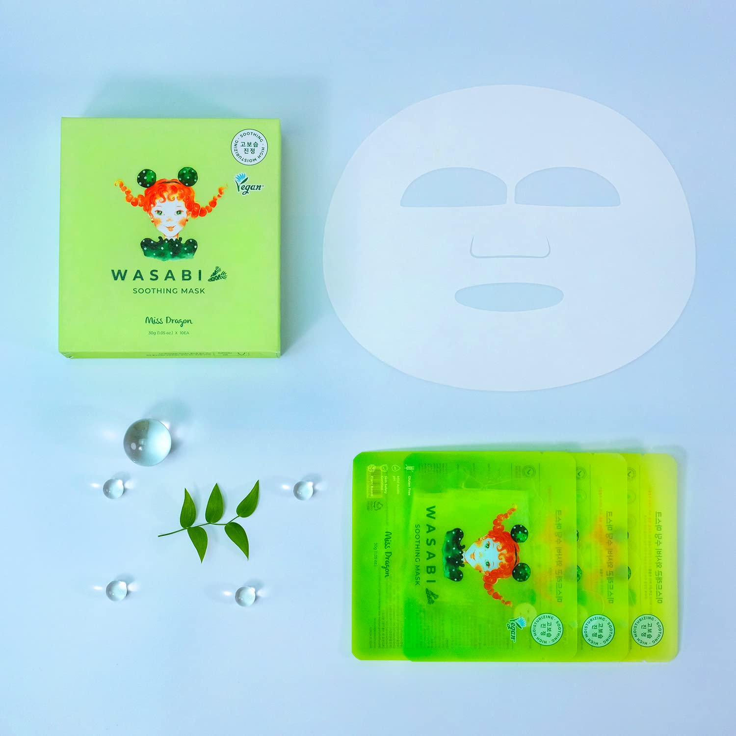 miss dragon Wasabi Soothing Mask (10 Pack) – Calming & Hydrating Korean Face Mask with Hyaluronic Acid Gel Essence, Vegan for Sensitive Skin - Image 3