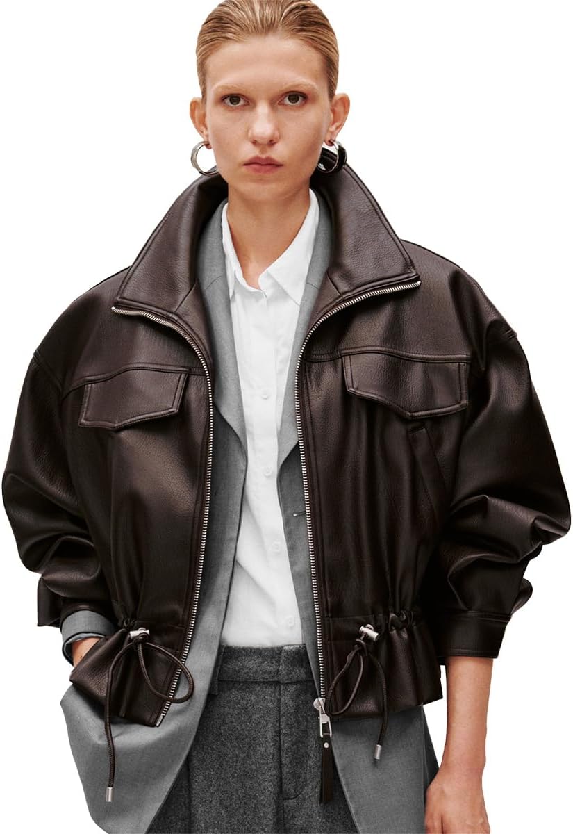 URBAN REVIVO Brown Cropped Faux Leather Jacket for Women, Belted Waist with Oversized Lapel - Image 7
