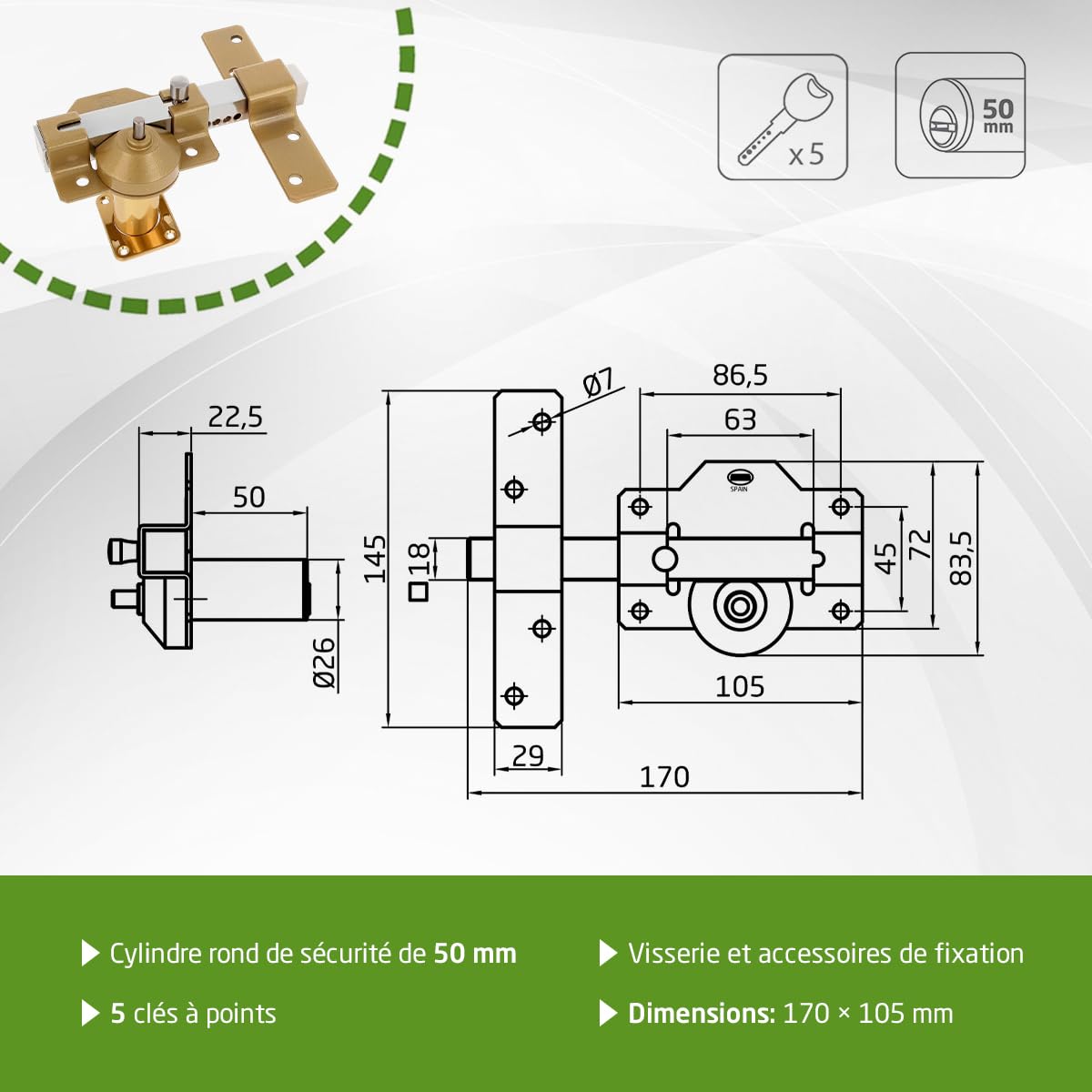 Amig - Verrou de sécurité à pêne dormant avec cylindre rond - Haute résistance à l'extraction - 5 clés incluses - 170 x 105 mm - Serrure en applique - Acier - Cylindre 50 mm - Finition martelée