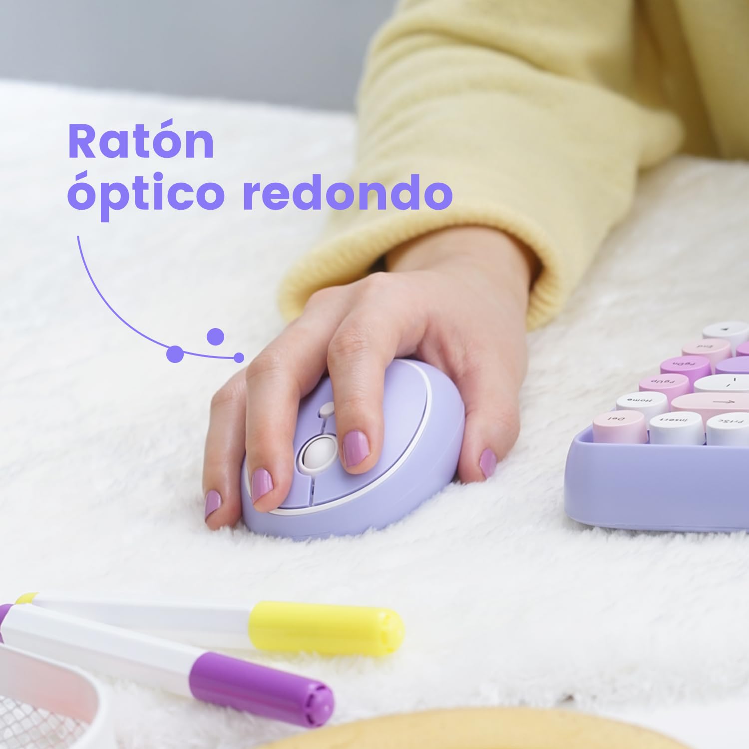 Perixx PERIDUO-713PP ES Set de ratón y Mini Teclado inalámbrico 2.4 GHz, Teclas Redondas Estilo Retro, para PC y Tablet, Morado Pastel, Español QWERTY
