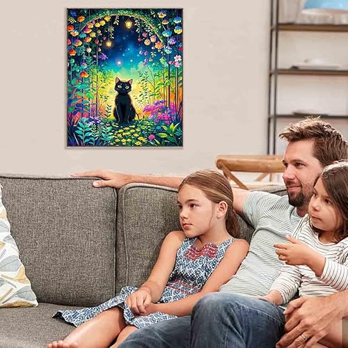 Miniatura 2 de Kits de punto de cruz estampados para adultos, kits de bordado de flores de gato negro para principiantes y adultos, patrones de 11 quilates