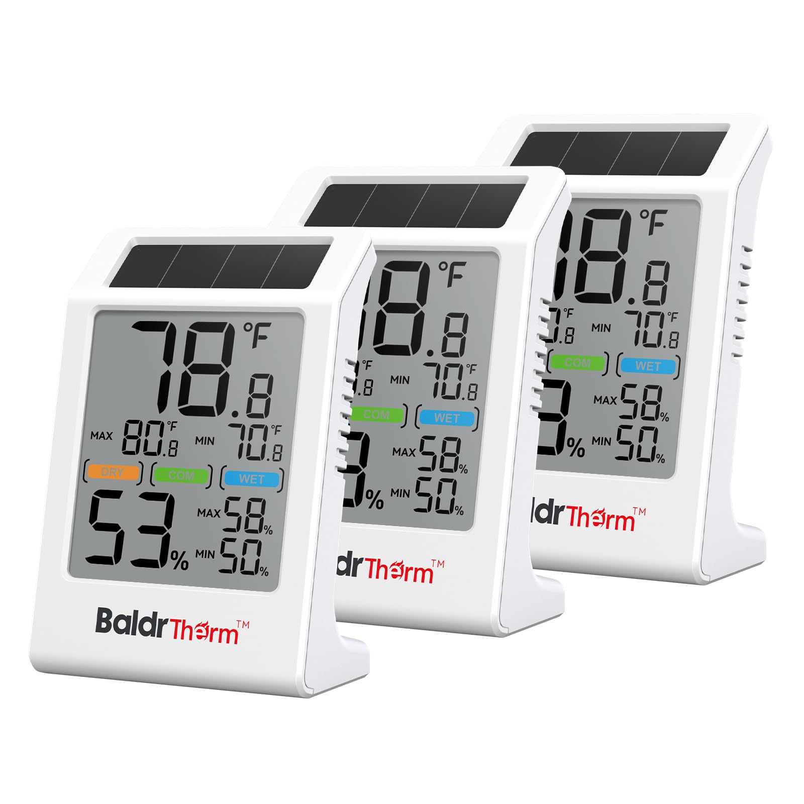 BaldrTherm Raumthermometer, Luftfeuchtigkeitsmesser, solarbetrieben, mit Max/Min-Speicher und Komfortanzeige, 8,1 cm großes Display für Zuhause, Weiß, 3 Stück