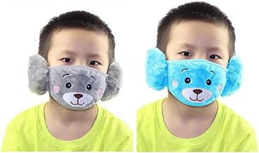 Okara Kid's Mouth Mask Warm Earmuffs Embroidery Half Face Mask Mouth Cover, Grey & Blue color, (3 Years to 10 Years) for Autumn Winter (Set of 2 piece)