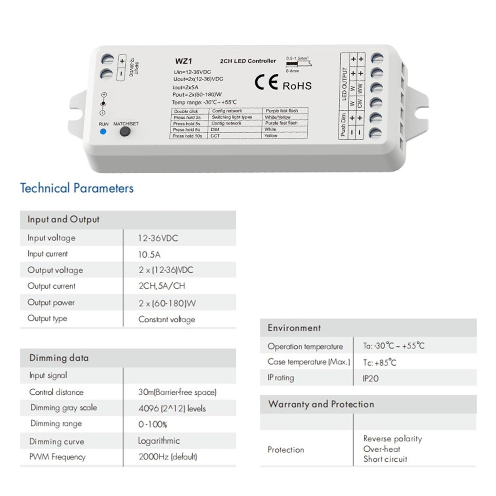 Controlador LED regulador LED WZ1 2CH * 5A DC 12-24V 36V adecuado for tiras de luz LED de temperatura de color único(WZ1 and TW2)