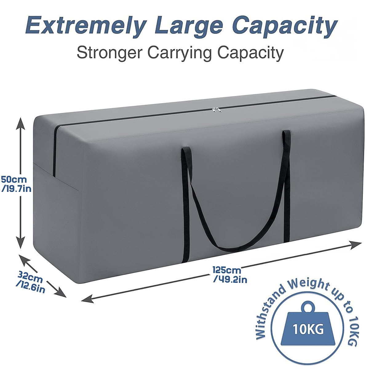 GARPROVM Borsa per cuscini da giardino, Custodia per tappezzeria cuscino sedile, Borsa portaoggetti da 200L per albero di Natale Tessuto Oxford impermeabile antistrappo, 125x32x50 cm