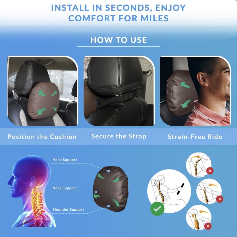 Image of Neodrift 'CloudFlex' (Set of 1) | (Color - Brown) Car Back Seat Neck Rest Cushion Ergonomic Neck Support with Premium Fiber Fill, Pain Relief for Neck and Shoulder