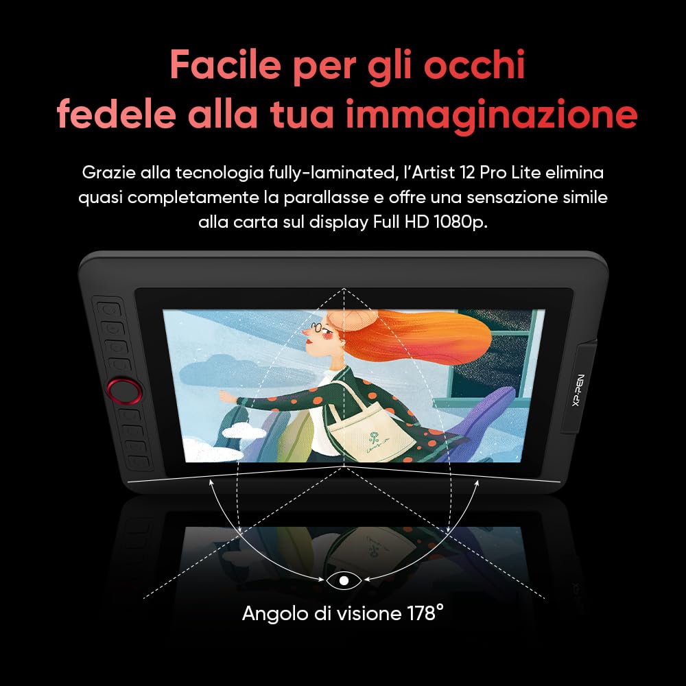 XPPen Artist 12 Pro Lite Tavoletta Grafica con Schermo da 11,6" completamente laminato, con 8 tasti rapidi e rotella, 8192 livelli di pressione, per disegno digitale, scrittura ed editing su PC