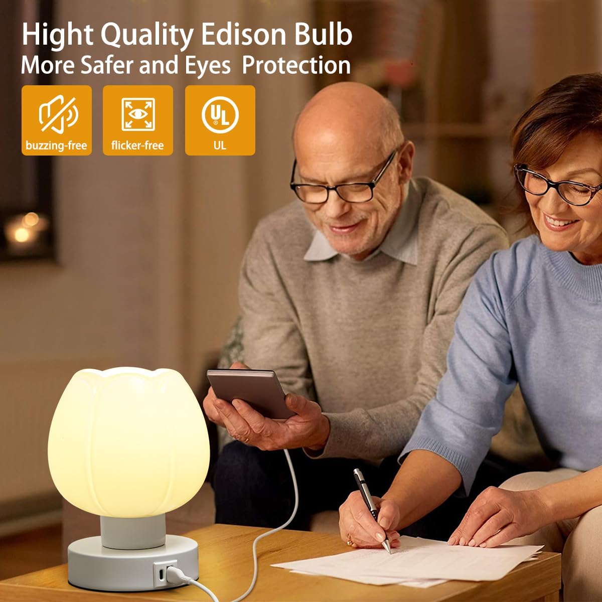 Bedside Table Lamps Touch Dimmable with USB Ports and outlets Charging Station, Desk Small Nightstand Lights for Bedroom Living Room Office Reading Home Decor Gifts LED Warm Bulb Included