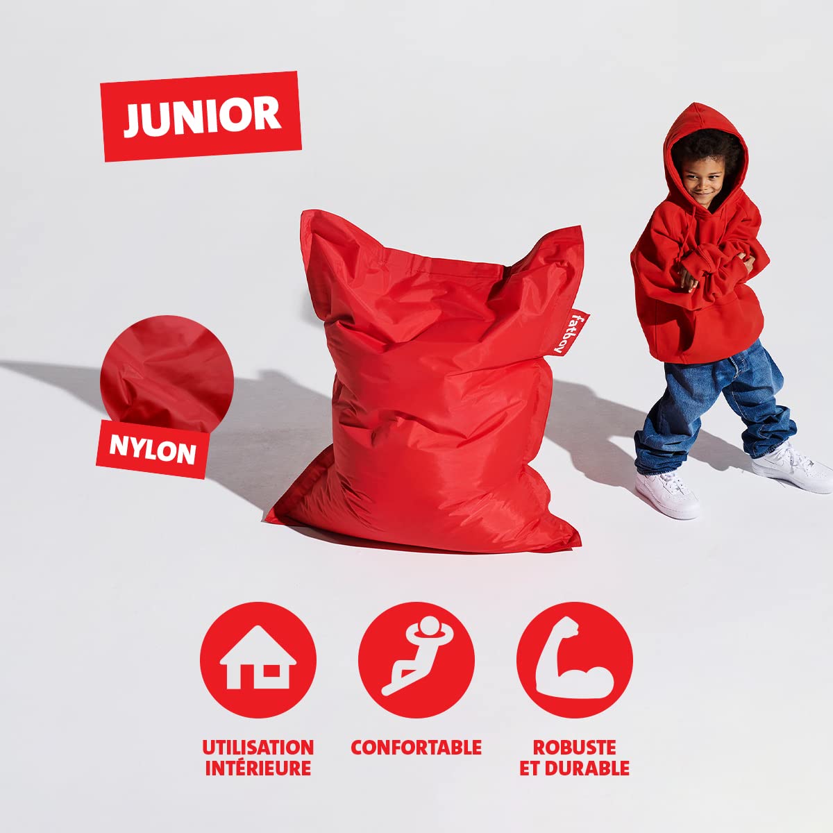 Fatboy Original Pouf Enfant - Fauteuil Enfant Robuste et Durable pour l'Intérieur - Fauteuil Pouf en Nylon - Bean Bag Confortable et Rechargeable - 100 x 130 cm - Rouge