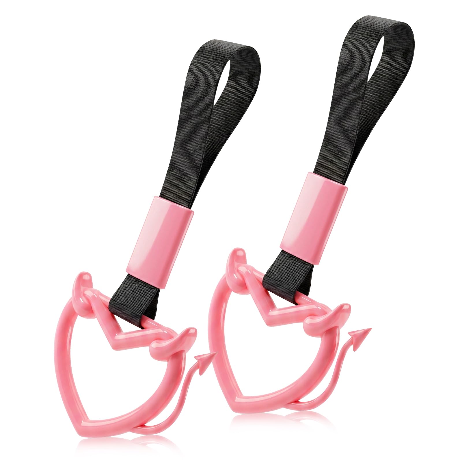2 Pcs Devil Heart Shaped Car Handle Strap – JD M Drift Charm Rear Bumper Warning Ring Decor for Car Interior Exterior, Subway Bus Handle Accessory, Cute Heart Car Decor Gift (Pink-Tail)