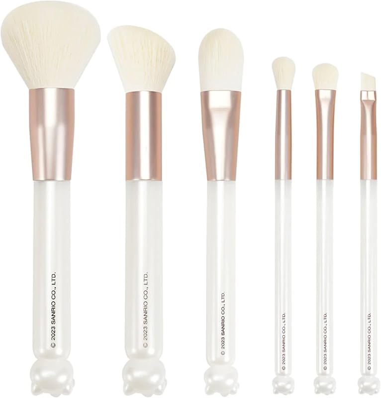 Impressions Vanity 6-PCs Makeup Brush set with Hello Kitty Kawaii Icon and Aluminum Ferrule, Super Soft Makeup Brushes for Foundation, Face Powder, Blending, Defined Shadow, Eye Shadow (White)