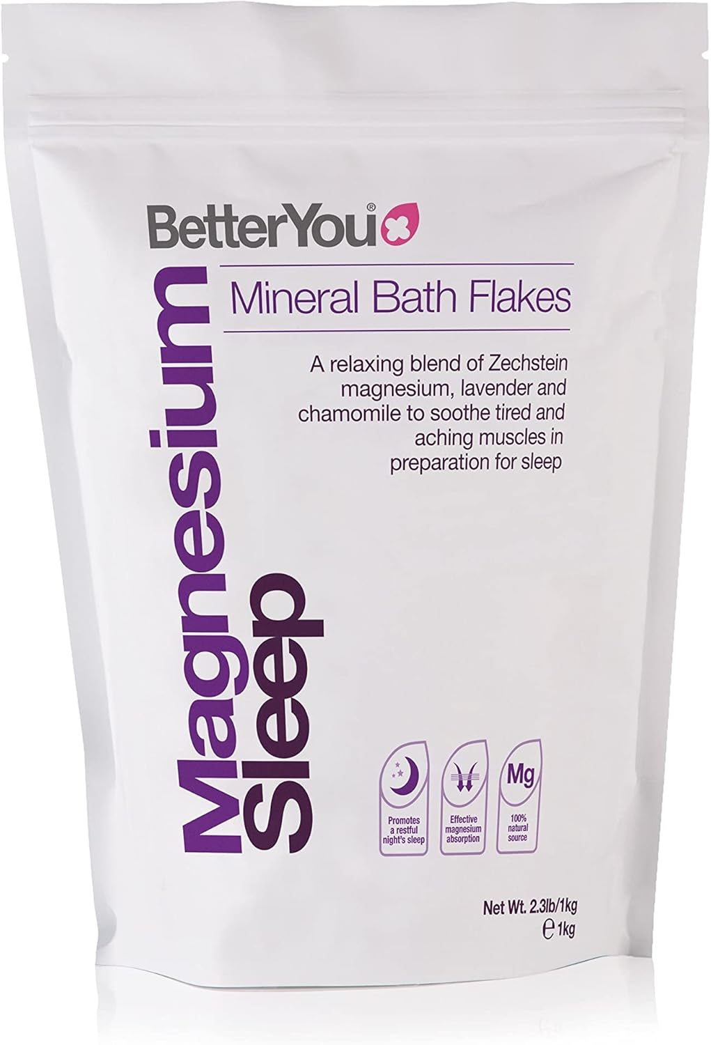 Minerale badkristallen met magnesium voor een betere nachtrust. BetterYou, Zechstein magnesium doordrenkt met lavendel en kamille om pijnlijke spieren te kalmeren, 1 kg