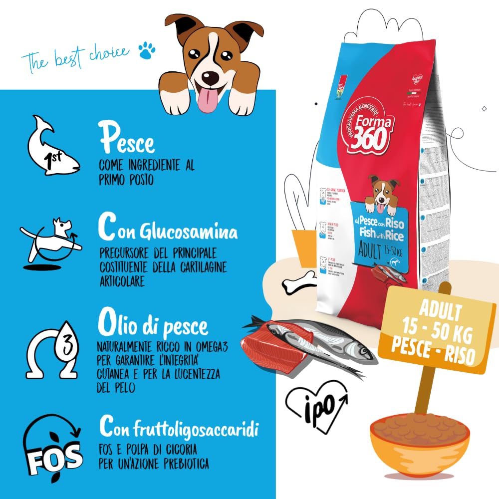Pet360 Forma Adult Pesce e Riso 12 Kg – Crocchette per Cani Adulti Medium e Maxi – Alta Digeribilità con Omega 3, FOS e Glucosamina – Supporto Cute, Pelo e Articolazioni