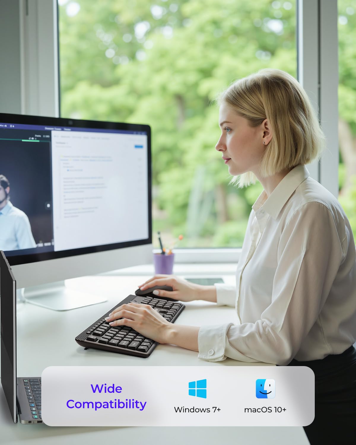 Wireless Keyboard and Mouse Combo, 5-Level Adjustable 4000 DPI Mouse, Quiet 2.4G Full Size Keyboard with 8 Additional Shortcuts, Silent Typewriter for PC, Desktop, Laptop, MacBook