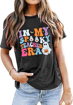 Halloween Shirt for Teacher Women in My Spooky Teacher Era Shirts Spooky Halloween Pumpkin Short Sleeve Tee Tops, X-Large, Grey