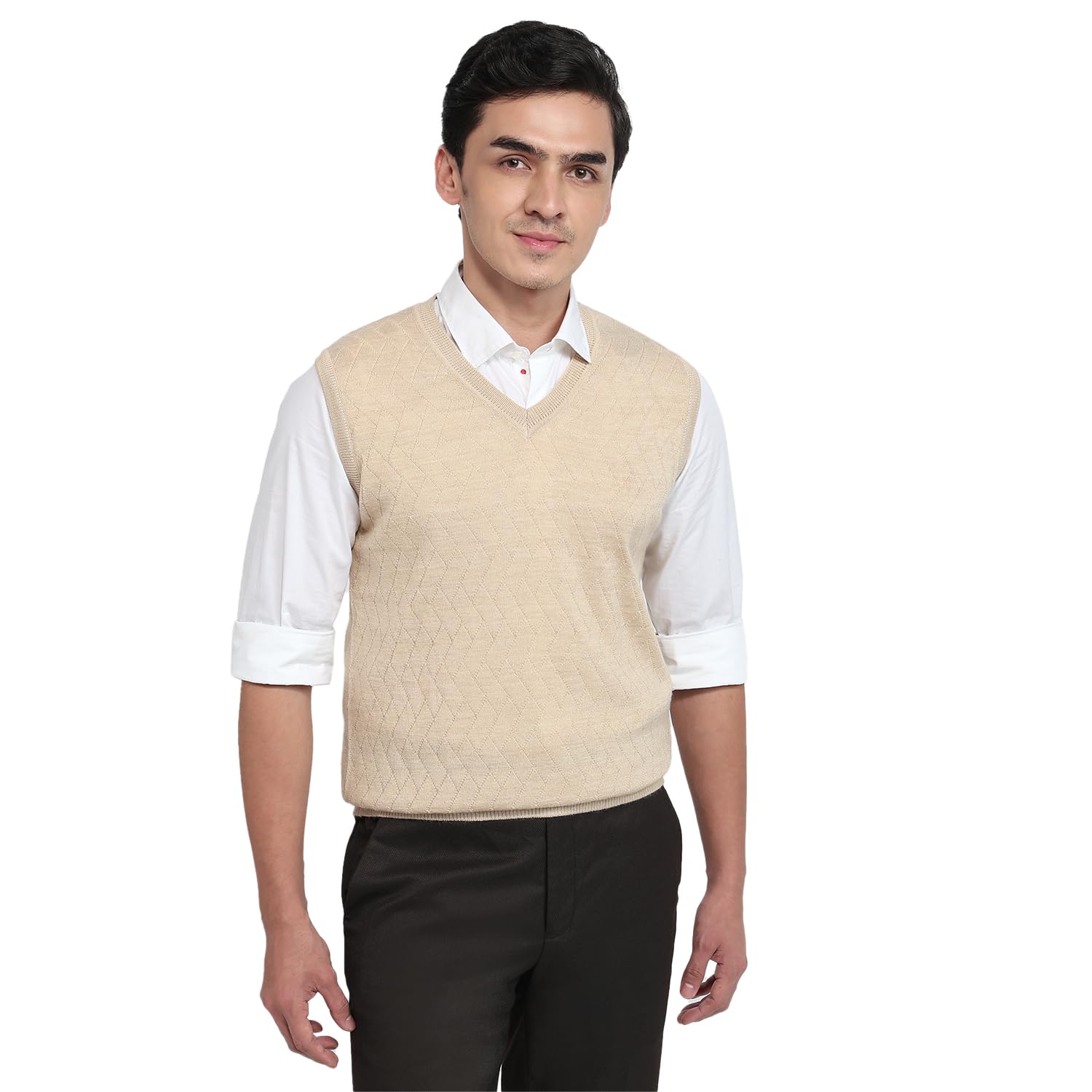 park avenue Men Reguler Fit Solid Pattern Merino Wool Acrylic Blend V Neck Sleeveless Casual Winter Wear Beige-picture-11