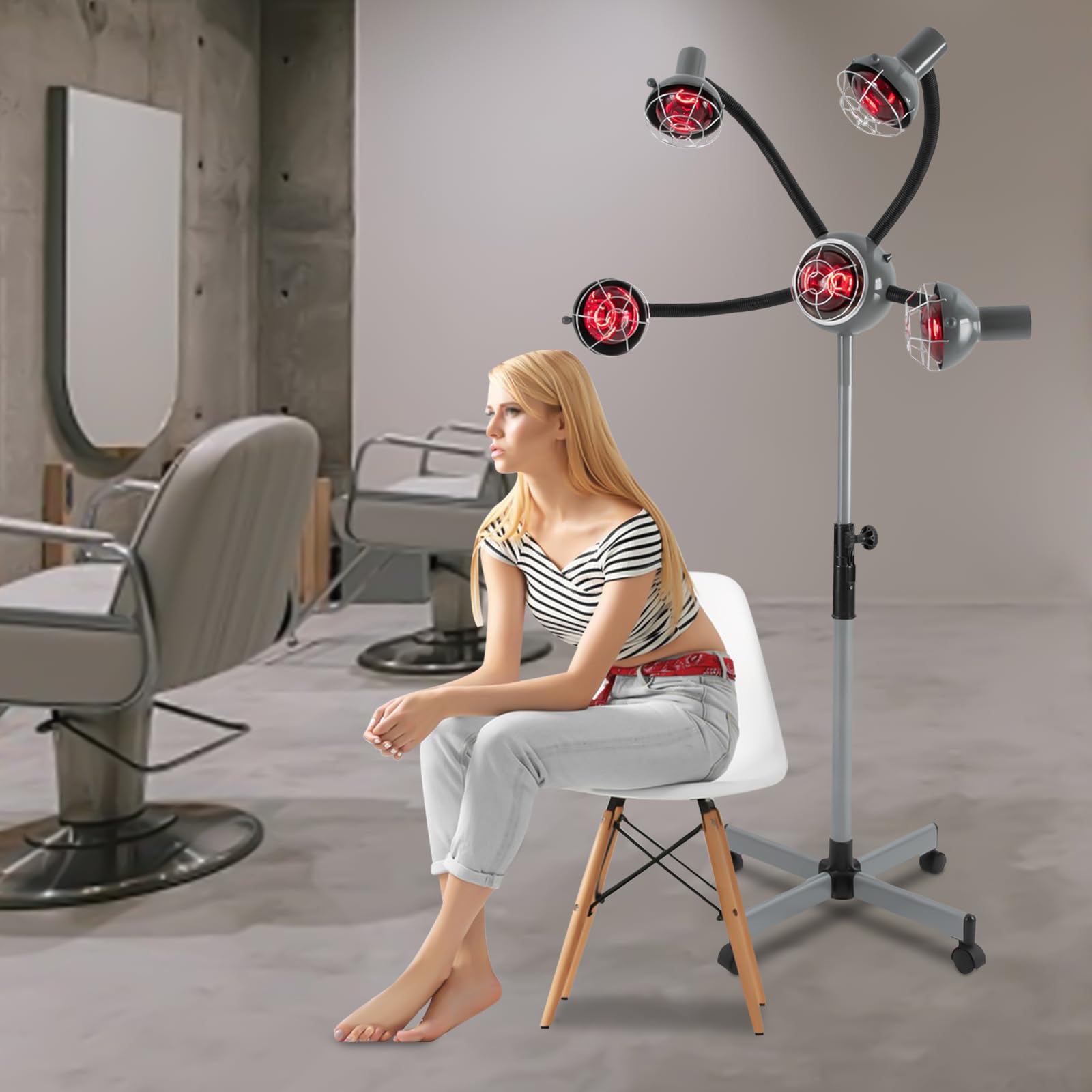Lámpara calefactora infrarroja de 5 cabezas 750w con ruedas infrarrojas calor lámpara salón calentador de pelo altura ajustable para cuidado capilar (gris plateado)