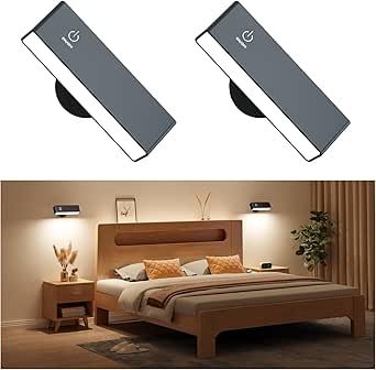 YiLaie Aplique de Pared Interior 2 Pcs, 4000mAh Lampara de Pared Magnetica con Carga USB, Control TáCtil, Luz de Lectura 360° Giratoria, Lamparas InaláMbricas, iluminacion sin Cables