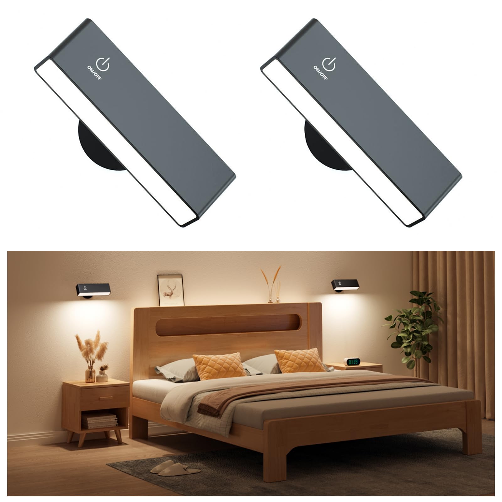 YiLaie Battery Operated Wall Sconces Set of 2, LED Wall Mounted Lights with 4000mAh Rechargeable Battery Operated, 360° Rotate Magnetic Wall Lamp, Dimmable Reading Light for Bedroom, Bedside, Black