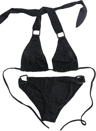 Brand Sexy Halter Triangle Top Brazilian Back Bikini with Square Accents Black