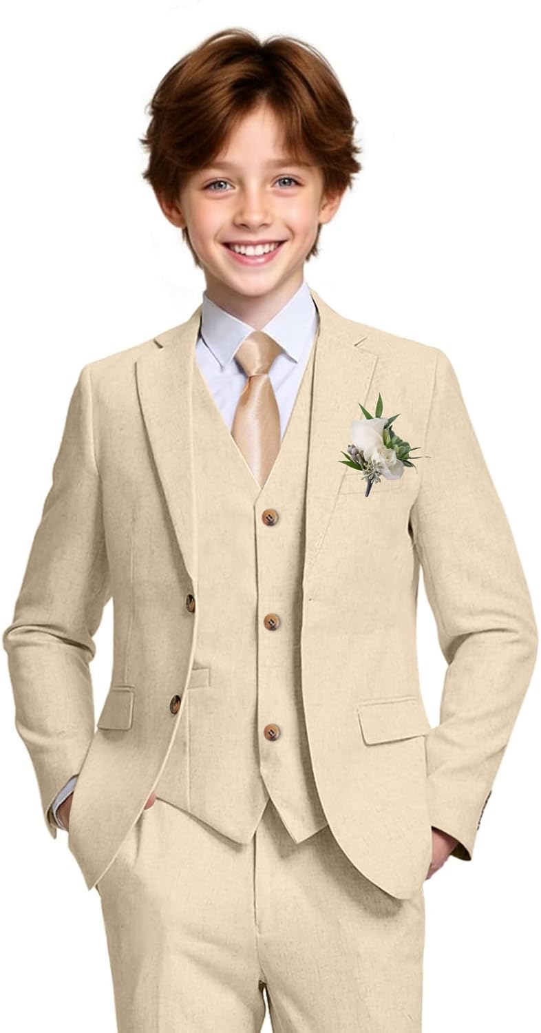 Boys Linen Suit Casual Summer 3 Piece Slim Fit Suit Breathable Kids Teen boy Jacket Vest Pant Beige 7