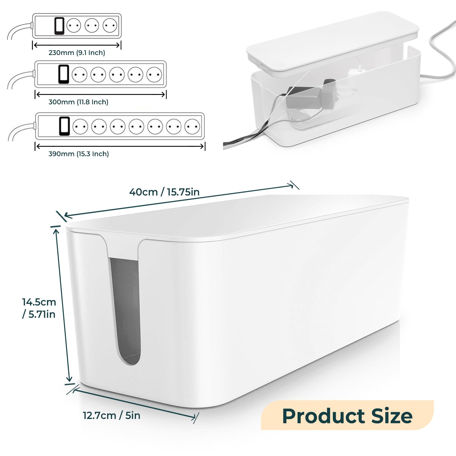 Plegable Caja Organizadora Cables, Caja Cables Organizador de Plástico para Ocultar Enchufes Eléctricos, Antideslizante, Apto para Oficina y Hogares, Blanco (40 x 14,5 x 12,7 cm) - 2