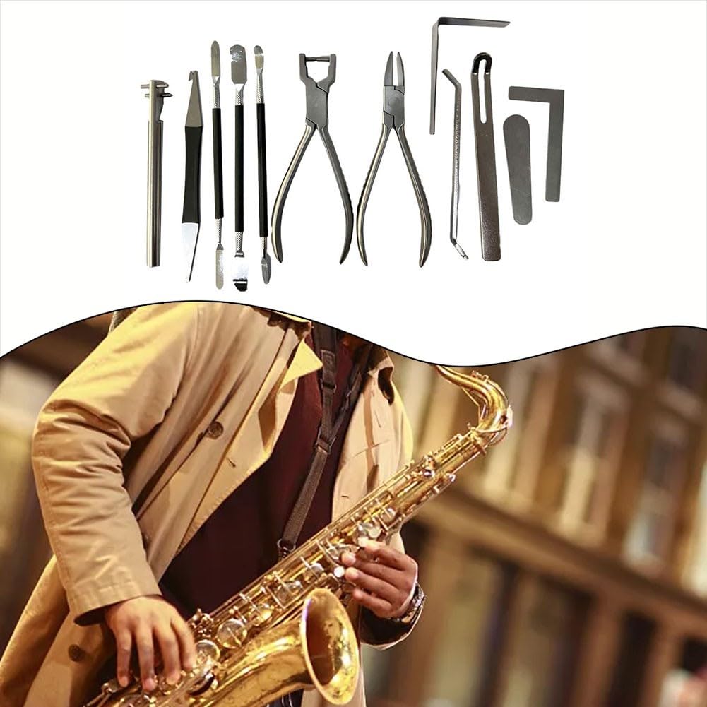 Kit de herramientas de reparación de saxofón, 13 piezas para mantenimiento de viento de madera, para flauta, clarinete, oboe, herramientas de nivelación de acero inoxidable, con bolsa de