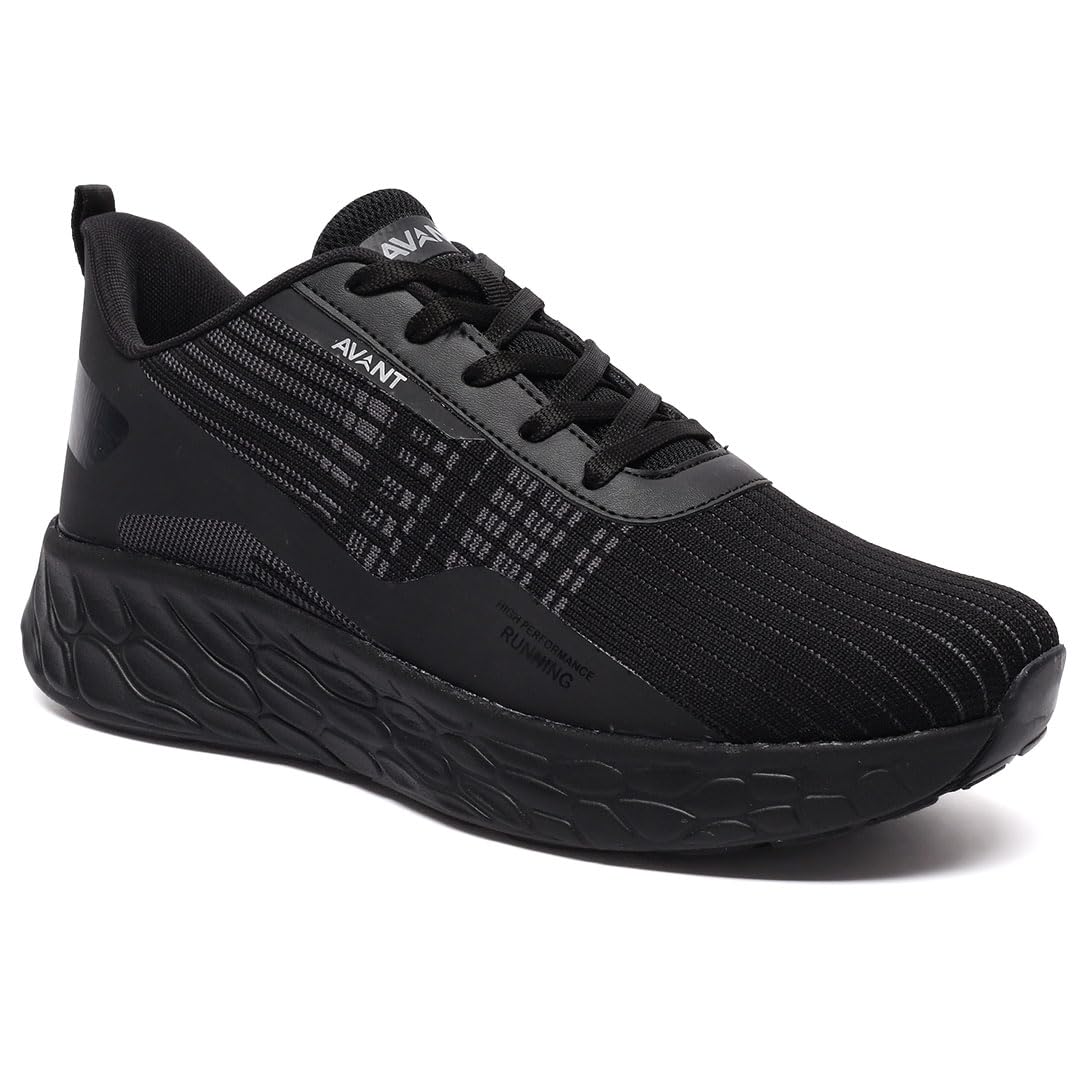 AVANT Men's SoleWave Running Shoes - Superior Cushioning, Enhanced Grip Outsole, Superior Traction, Anti Skid, Lightweight, Shock Absorption Tech, Sports Footwear (AVMSH193CL01UK8_UK 8_Black)