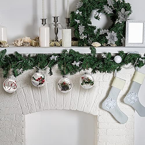 Christmas Baubles- Clear Vintage Pre-Filled Decorated Round Transparent Plastic Xmas Ball Ornaments for Holiday Decor, Wedding Party Decoration, Hanging Tree Ornaments with Jute Rope (15 pack)