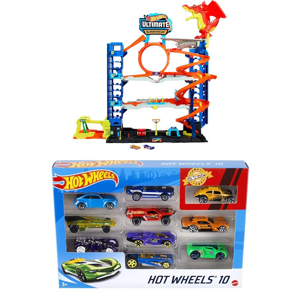 Bundle of Hot Wheels City Ultimate Garage Track Set with 2 Toy Cars &amp; Car-Eating Dragon, Stores 50+ Vehicles, 4 Levels + Hot Wheels Set of 10 Toy Trucks and Cars, Styles May Vary (Amazon Exclusive)