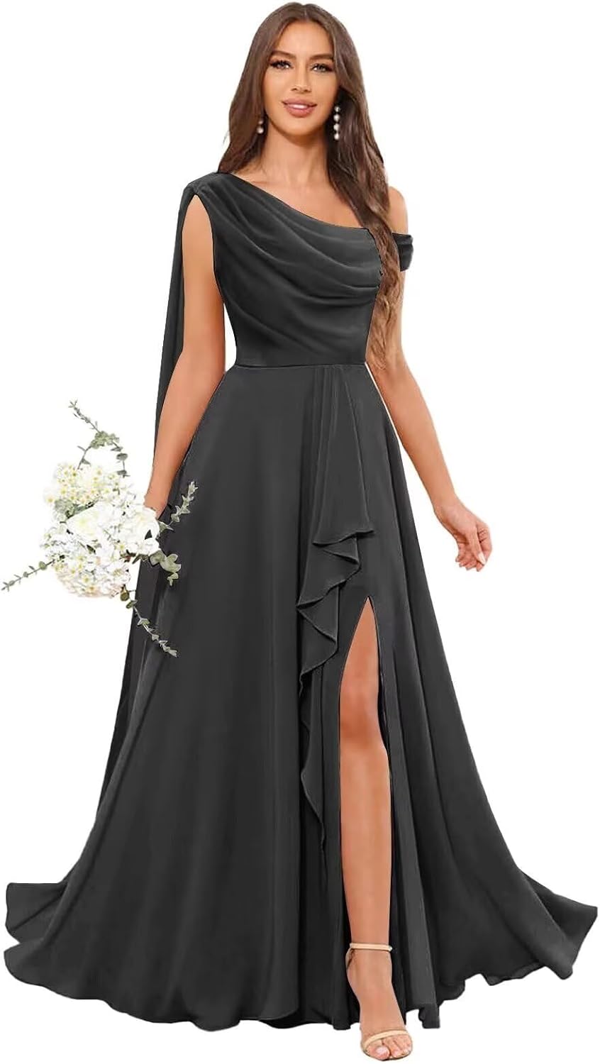 Off Shoulder Chiffon Bridesmaid Dresses for Women 2026 Ruffles Long Formal Gowns for Wedding Guest with Slit
