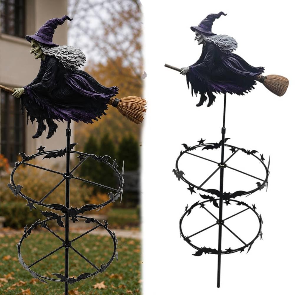 The Enchanted Witch Garden Wind Spinner,2D Metal Halloween Yard Art Outdoor Decor,Flying Witch & Bat Design,Outdoor Garden StakeDecoration,Halloween DecorationsOutdoor for Lawn Ornament Patio Pathway