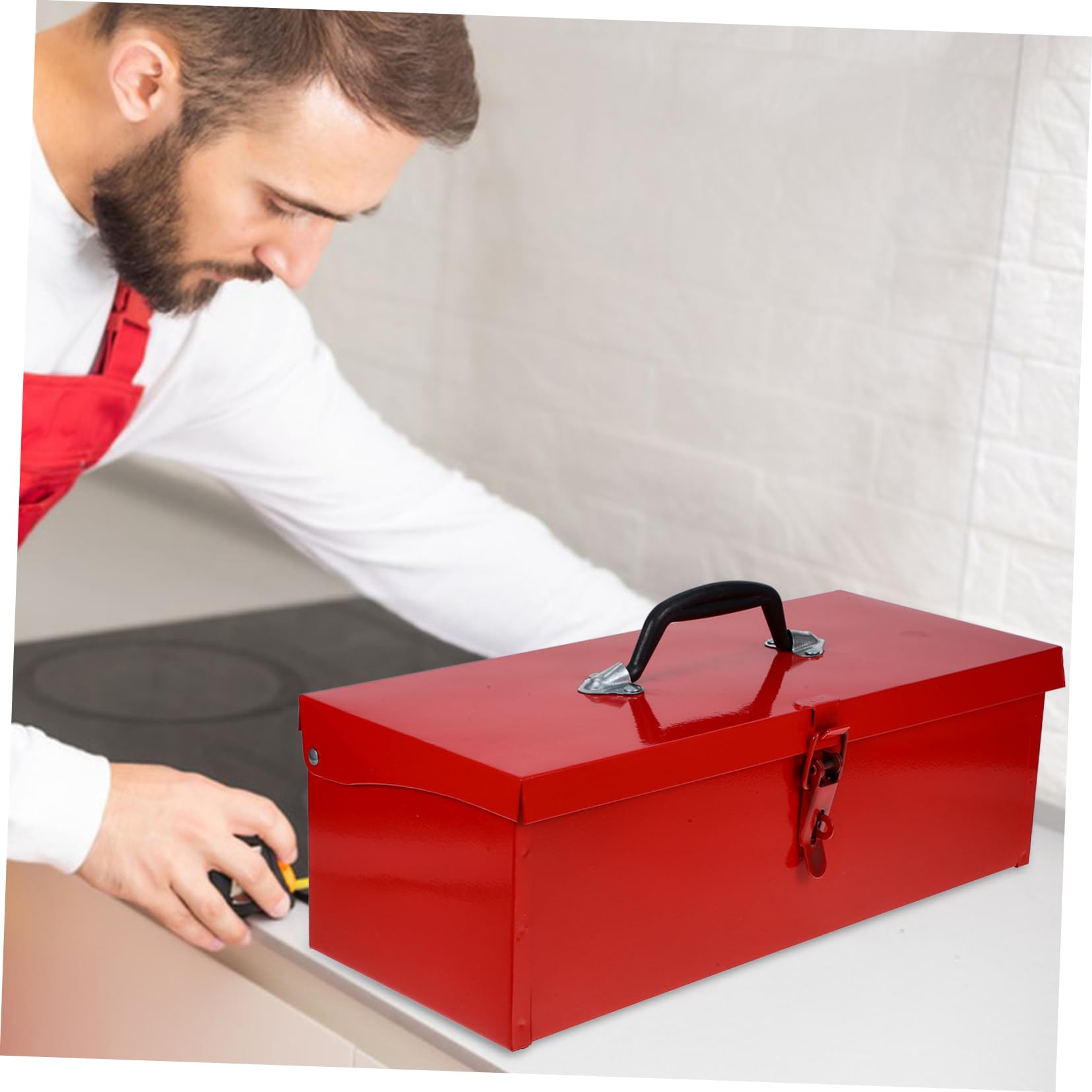 NUOBESTY Cassetta Porta Attrezzi Metallo in Lamiera di Ferro, Rossa, Capiente e Pratica, Maniglia Comoda e Chiusura Robusta per Officina e Casa Stile Casuale