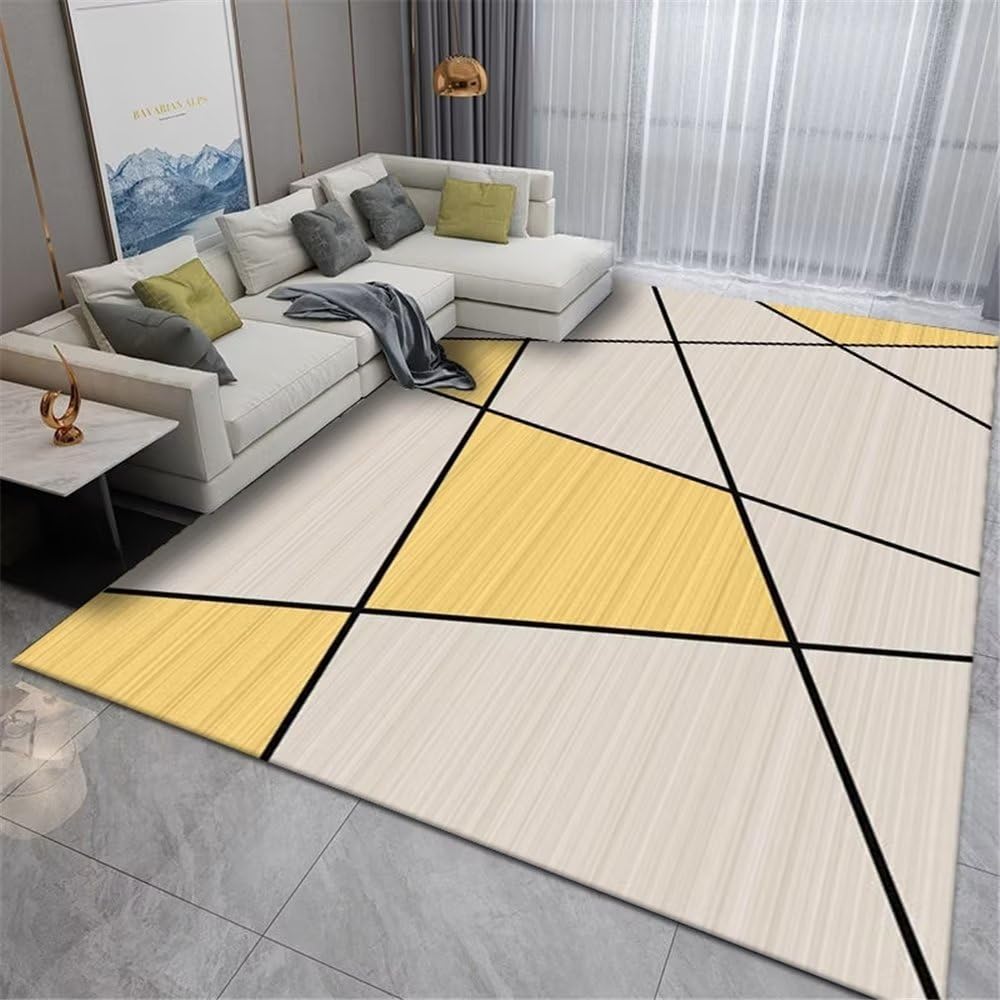 Tapis moquette salon géométrique jaune 180x250cm facile à nettoyer