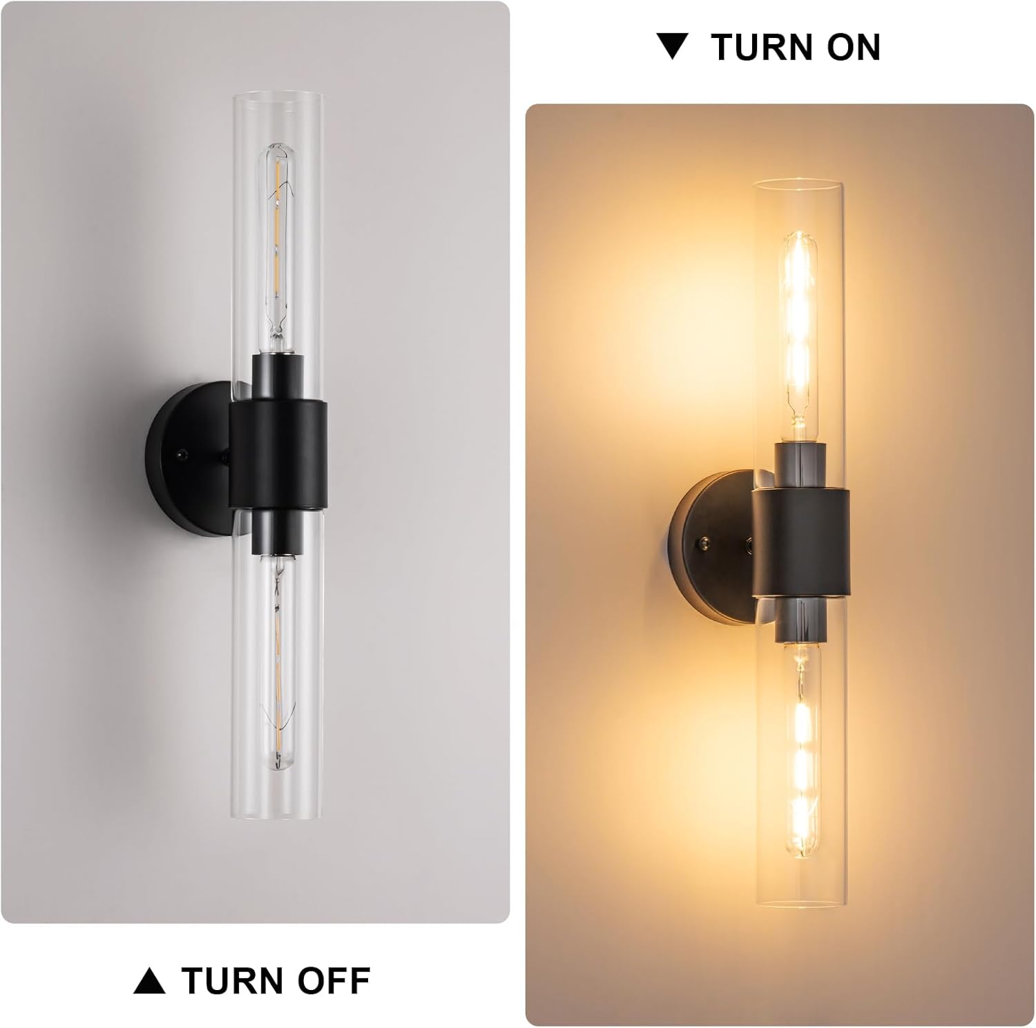 Industrial Wall Sconces Set of 2 Matte Black 22" Modern Glass Wall Lamps E26 Vanity Mirror Lamp for Bathroom Indoor Use Hallway Bedroom (Bulbs not Included)