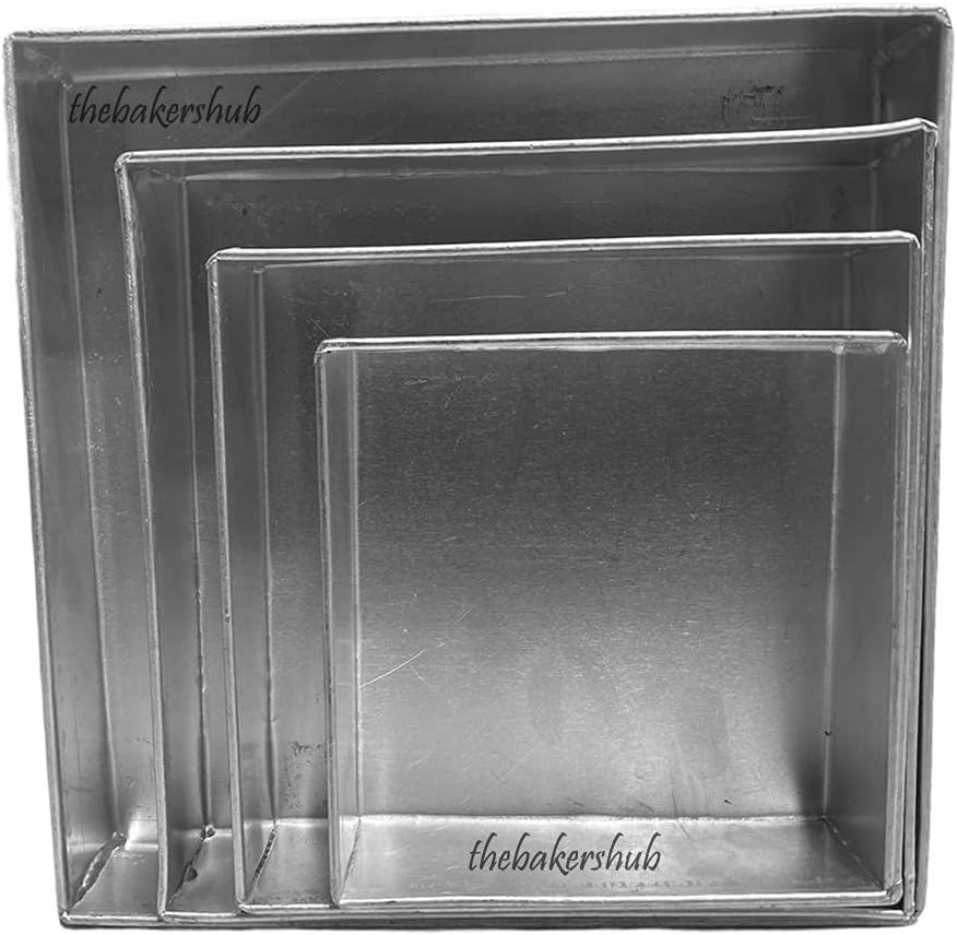 Aluminium Square Cake Mould Bakeware Combo Set of 4 Baking Brownie Pan of 5 inch, 6 inch Tin for Half kg Cake, 7 inch for 750 Grams and 8 inch for 1 kg Cake Tray for Oven OTG