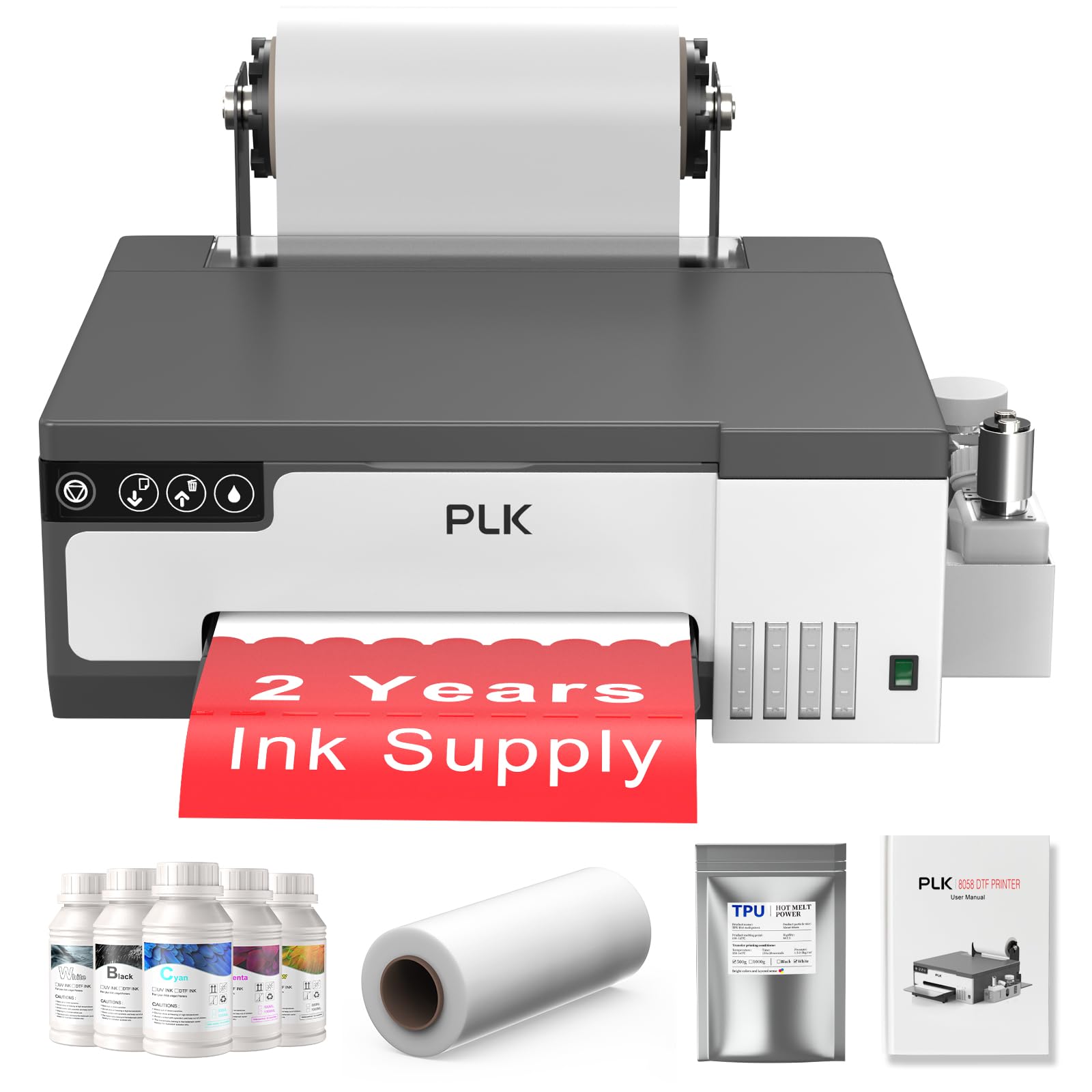 PLK A4 DTF Printer, XP600 DTF Manchine &Roll Feeder, Double-Speed, L8058 DTF Printer with White Stirring System 100% Transfer DIY Printing
