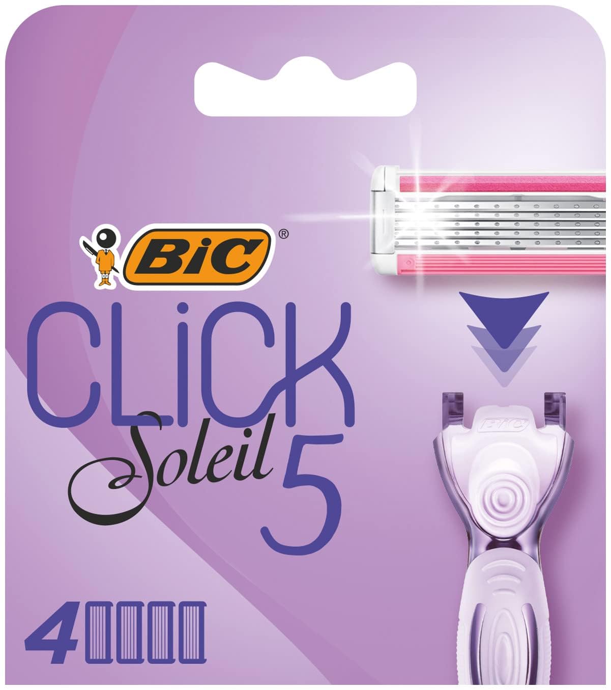 Bic Click 5 Soleil Women's Razor Refills, 3 Moveable Blades and Lubricating Strip - Box of 4 Cartridges, Purple