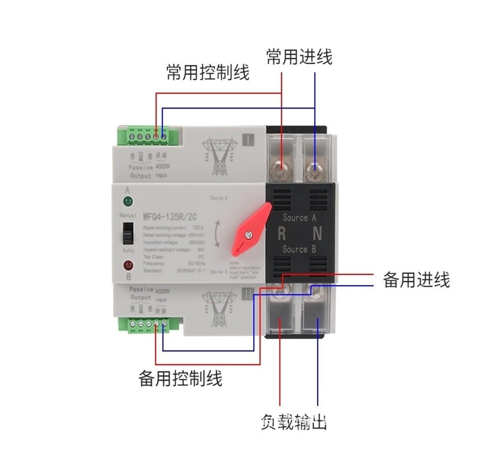 Interruptor de transferencia automática Interruptor de transferencia automática de fuente de alimentación dual 2C3C4C Conmutación de nivel de milisegundos 100A(Wfq4-125/3cmainsmodel220v)