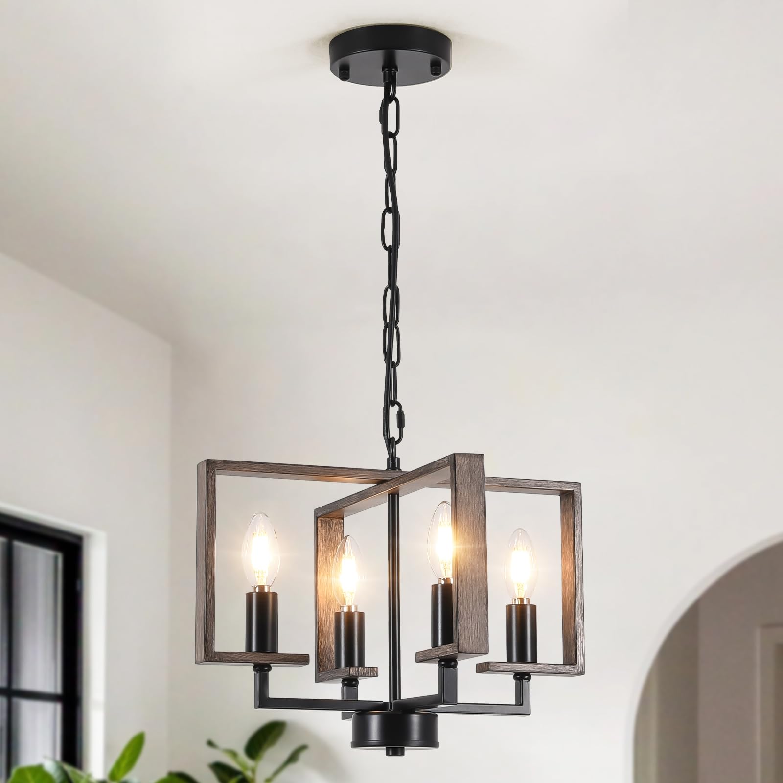 Chandeliers Ceiling Light, 15” Chandelier Imitation Wood Grain Pendant Light Fitting Height Adjustable Dining Room Lights Ceiling, Industrial Ceiling Lights for Kitchen Living Room, 4 * E14 Socket