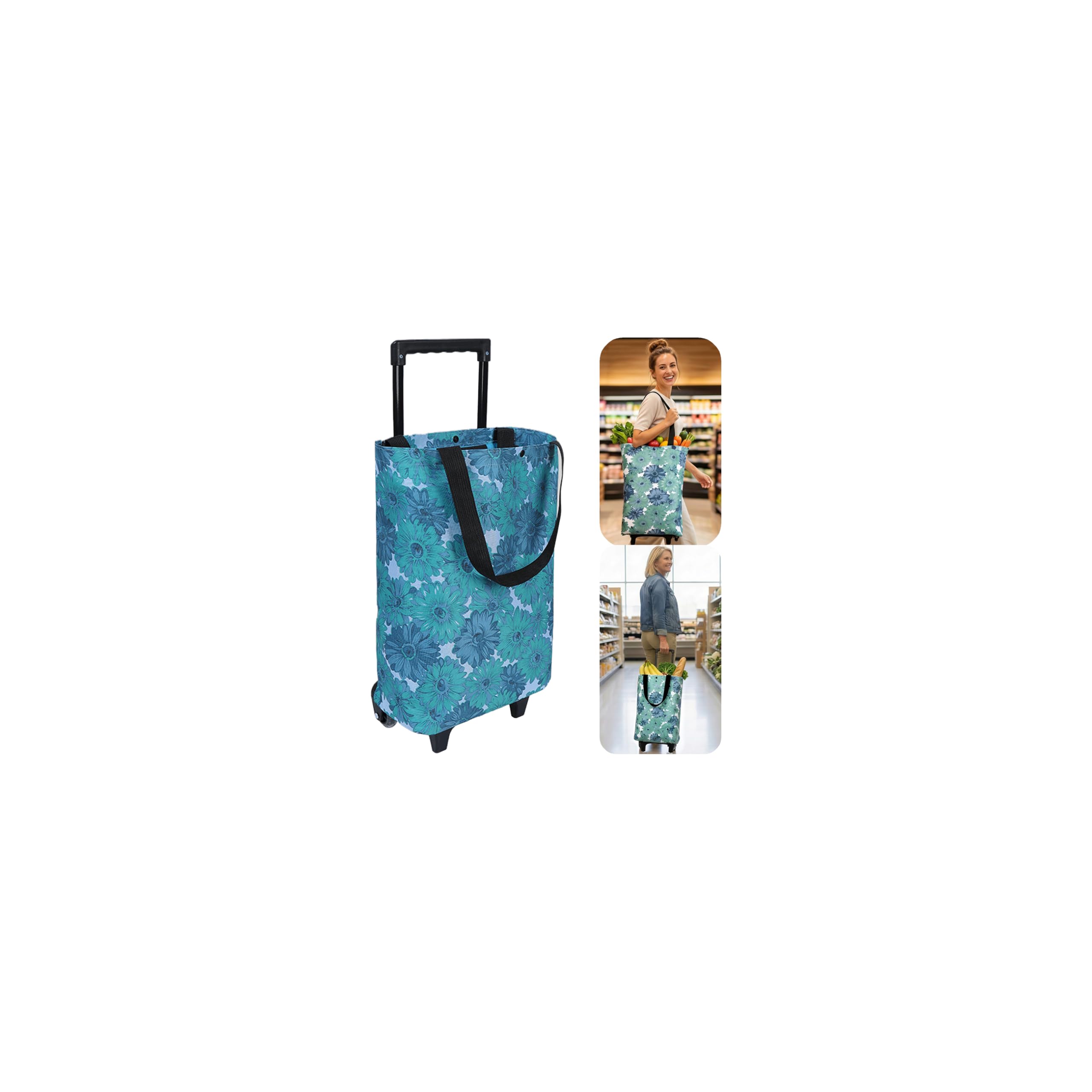 Rolling Shopping Bag, Small Shopping Cart with Wheels,Collapsible Portable Waterproof Tote for Market &amp; Grocery Runs–Gift for Women &amp; Seniors (Flower)