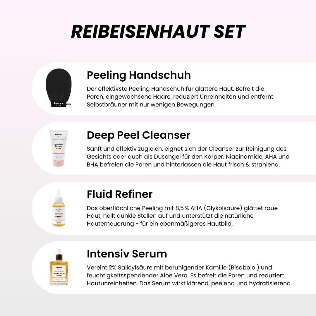 Tanera Skin Peeling Handschuh Set - Skincare für Keratosis Pilaris, raue Haut, Glycolic Acid Serum (Schwarz)