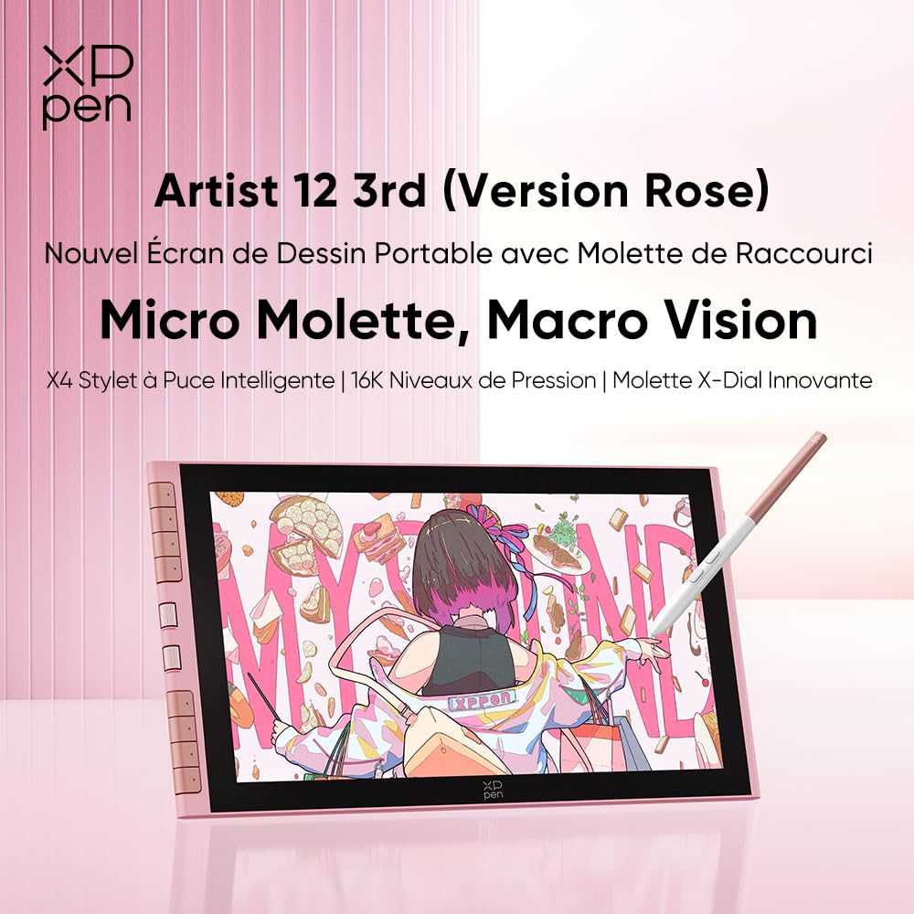 XPPen Artist 12 3rd Tablette Graphique avec Écran 11.9 Pouces - Rose | X4 Stylet Avancé | 16384 Niveaux | Écran Anti-reflet | Portable et Léger | Compatible Multi-systèmes | Design Rose Élégant