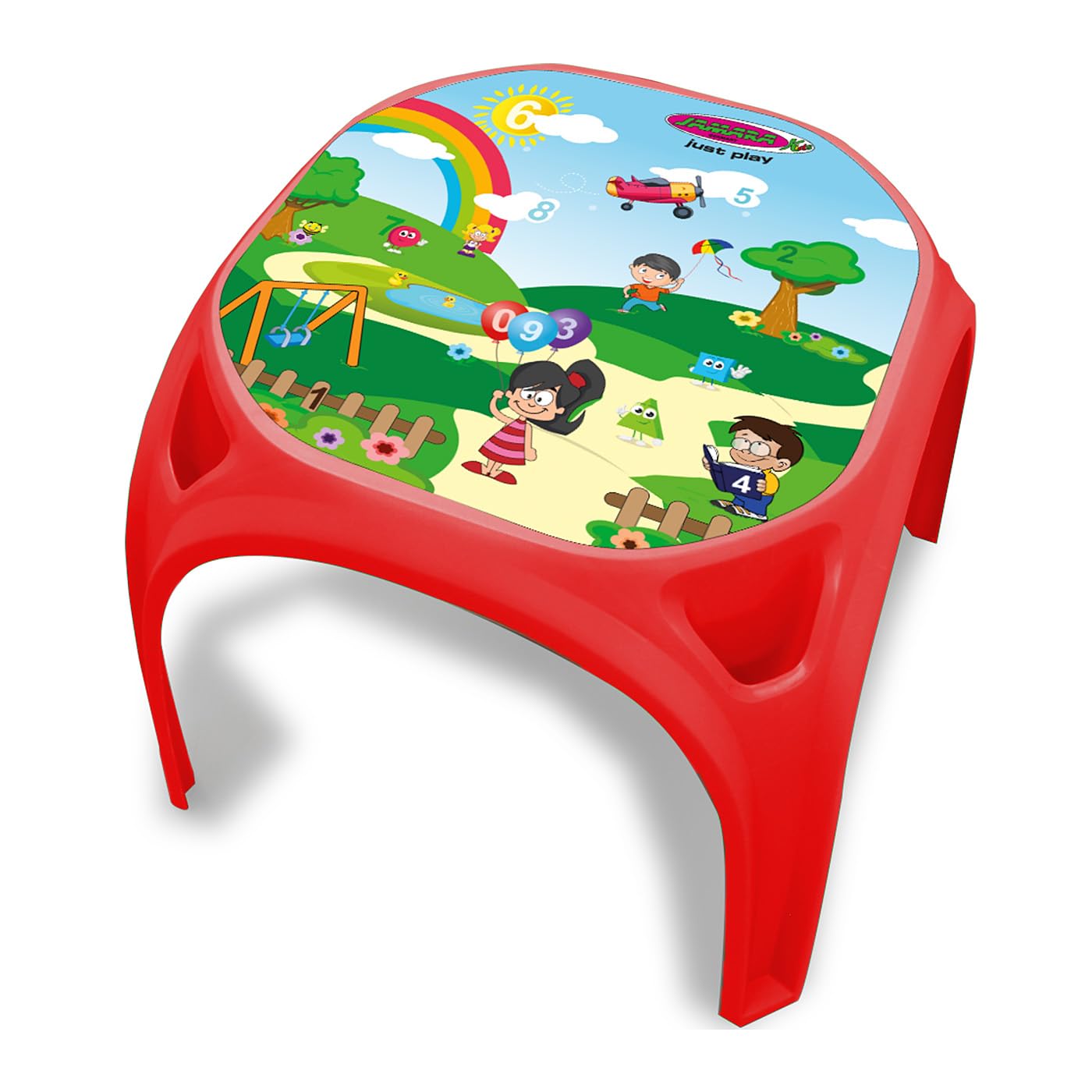 JAMARA 460751 Kindertisch Zahlenspass XL-aus robustem Kunststoff, Indoor-Outdoor geeignet, Aufdruck auf der Tischplatte, abgerundete Kanten, rutschfeste Gummifüße, rot