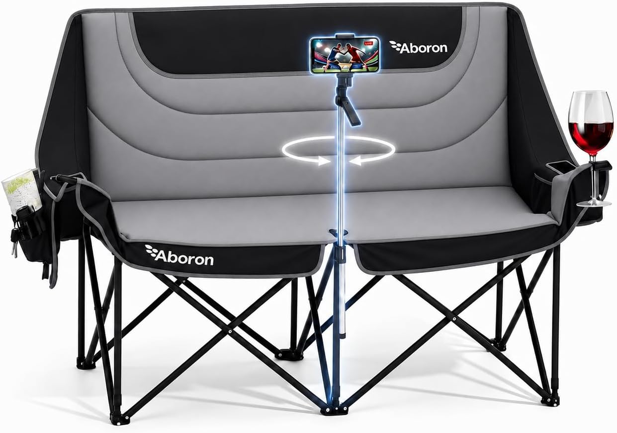 ABORON Double Camping Chair Oversized with Phone Holder, Padded Loveseat Camp Couch Supports 880 lbs, 2 Person Folding Sofa with Wine Glass Holder & Side Pocket for Camping,Sports, Fishing,Beach