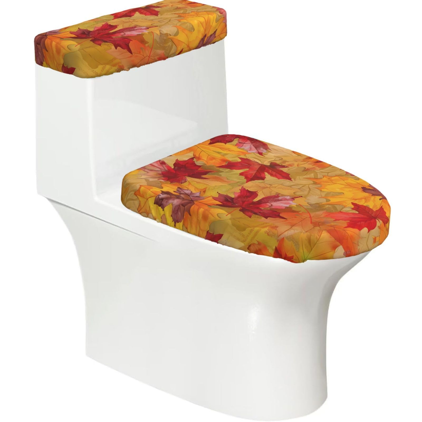 Autumn Maple Leaves 2-Piece Toilet Seat Cover Set with Tank Lid, Elastic Fit for U-Shape & Elongated Toilets, Bathroom Decor, Housewarming Gift