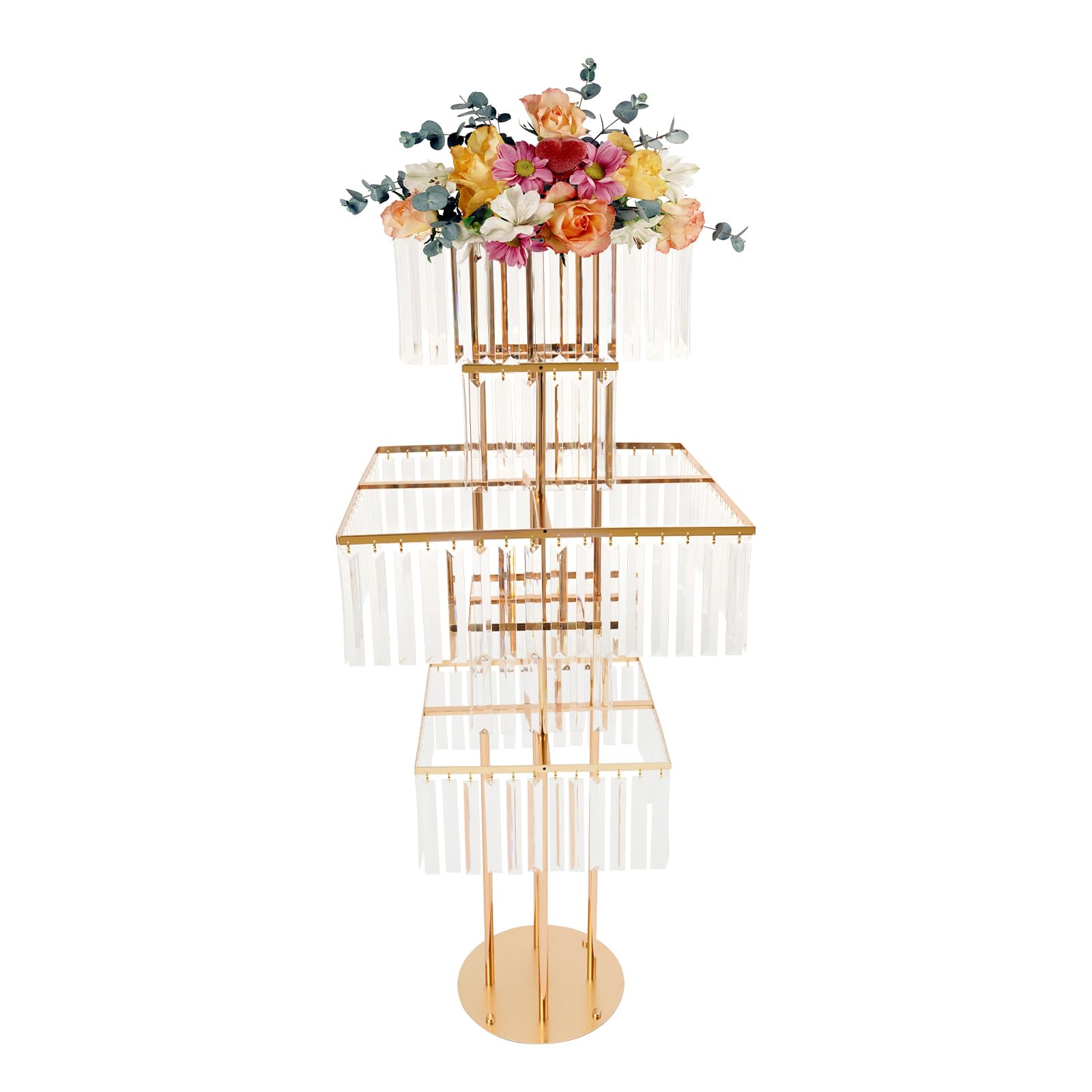 Ginelm 5 Tiers Wedding Centerpieces Vase, 49.2" Gold Acrylic Flower Vase with Hanging Crystals, Round Metal Pedestal Stand for Birthday Party Events Home Decor