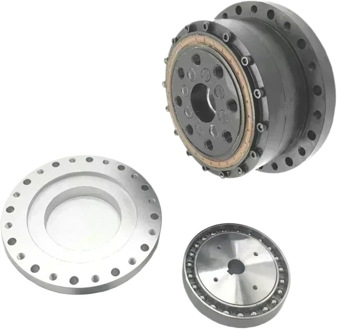 Exploded view of the harmonic reducer components, including the main body, flange, and internal bearing.