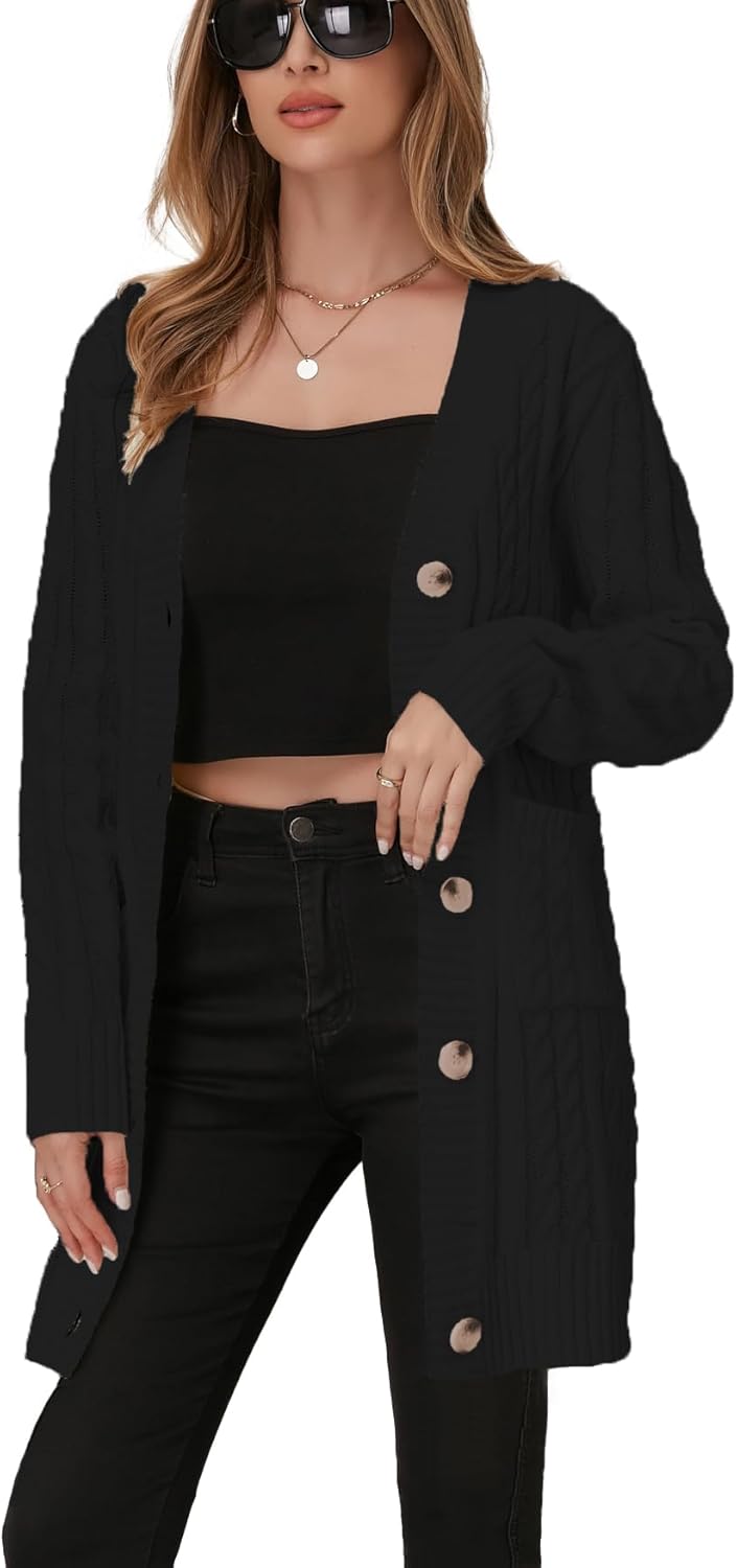 Womens Cardigan Sweaters Cable Knit Cardigan 2025 Fall Winter Button Down Sweater with Pockets, Back, US 12-14 Black