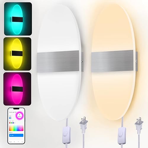 Zkqlzoqi Luces de pared RGB+CCT para dormitorio, 3000K-6000K Apliques de pared inteligentes con control Bluetooth cableado montado en la pared con